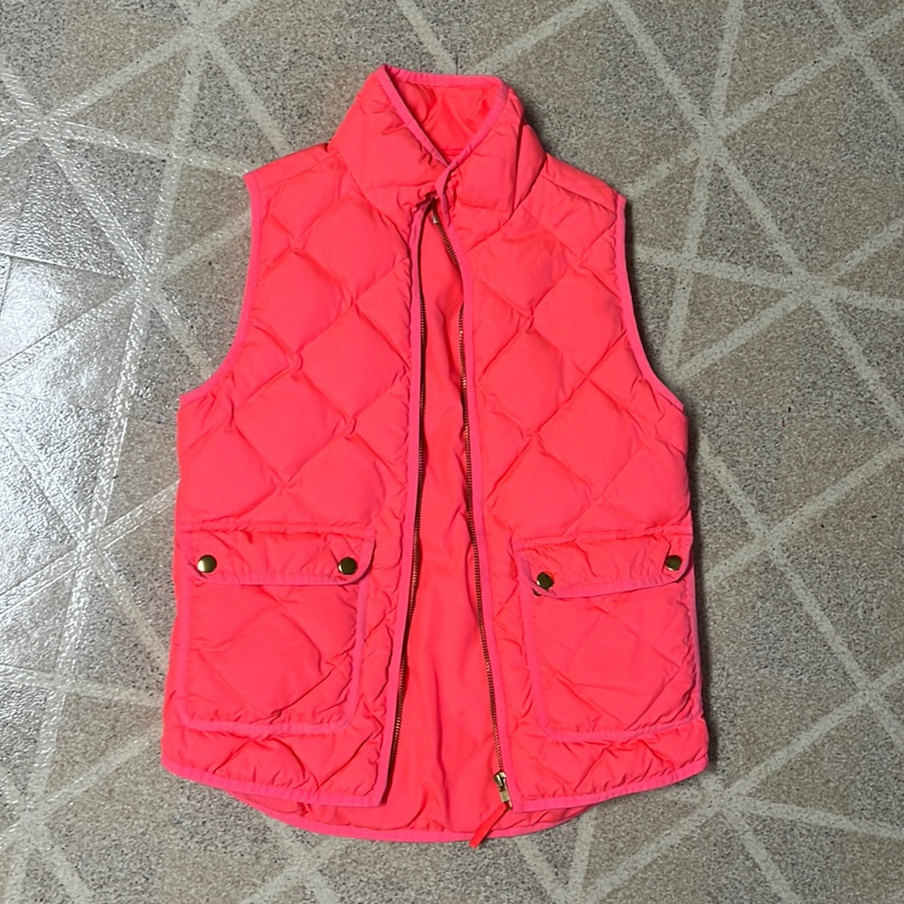 J Crew Quilted Neon Orange Zip Up Vest Winter Snap Pockets Sz XXS